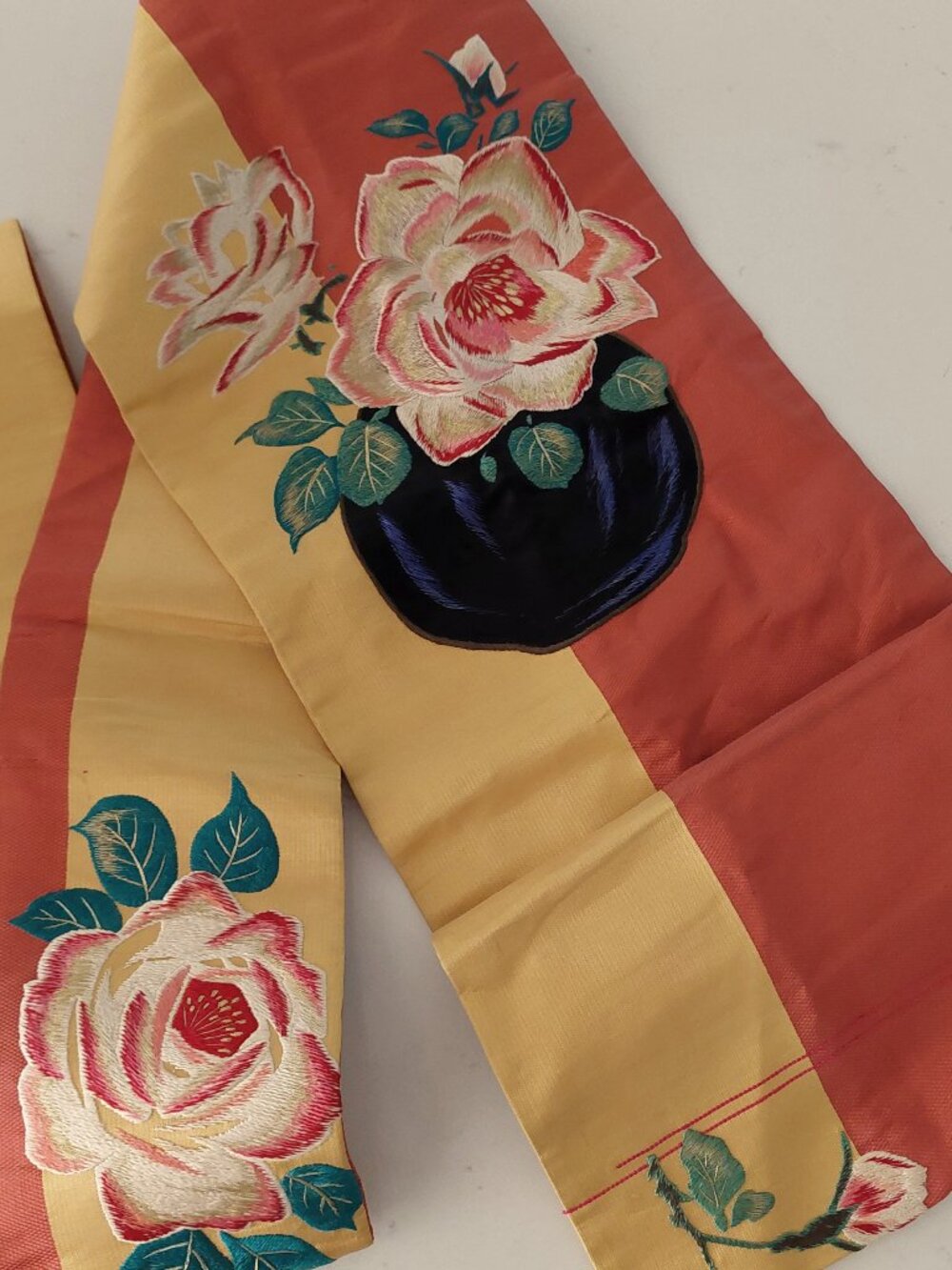 Antique 1920s Obi Japanese Kimono Belt Floral Embroidery Taisho Roman
